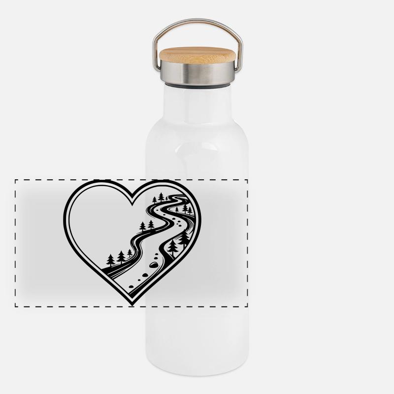 Personalisiebares Herz mit Wald-, Wanderpfad - Panorama Thermosflasche mit Bambusdeckel - Weiß