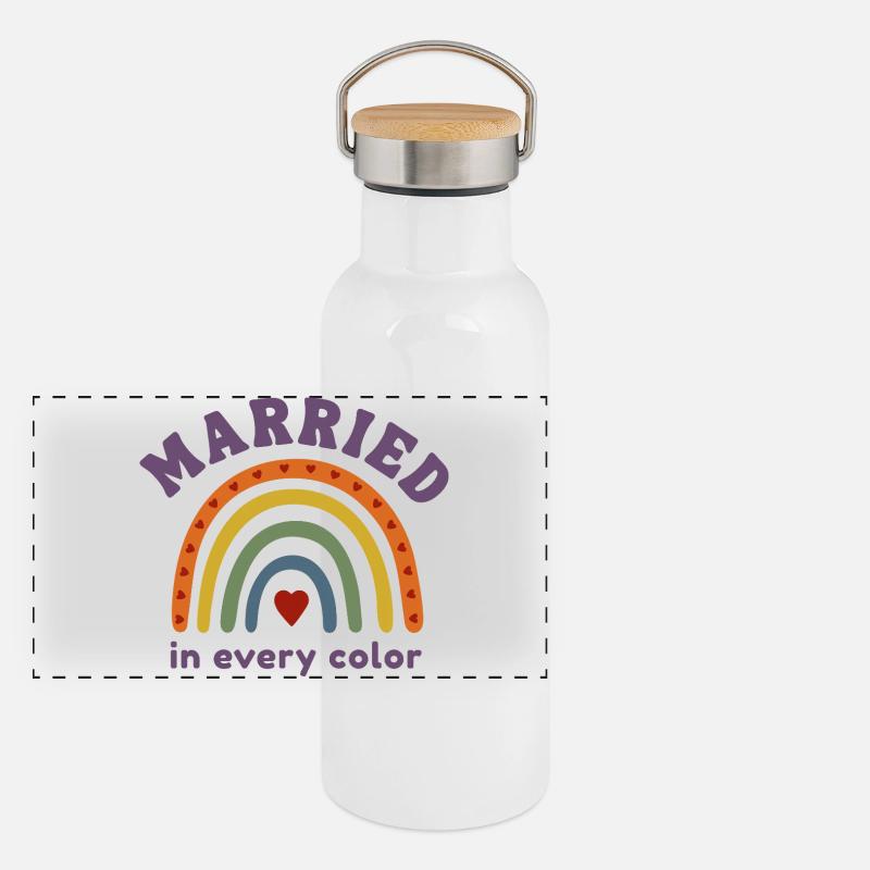 Married in every Color Pride Regenbogen Design Panorama Thermosflasche mit Bambusdeckel