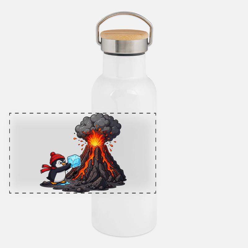 Pingouin et volcan avec des glaçons Gourde isotherme avec bouchon en bambou