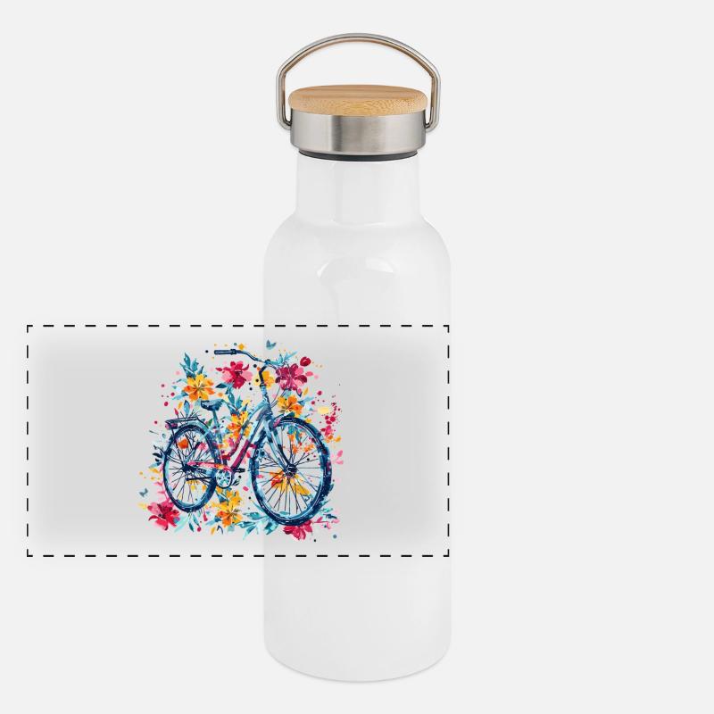 Fahrrad mit Blumen - Panorama Thermosflasche mit Bambusdeckel - Weiß