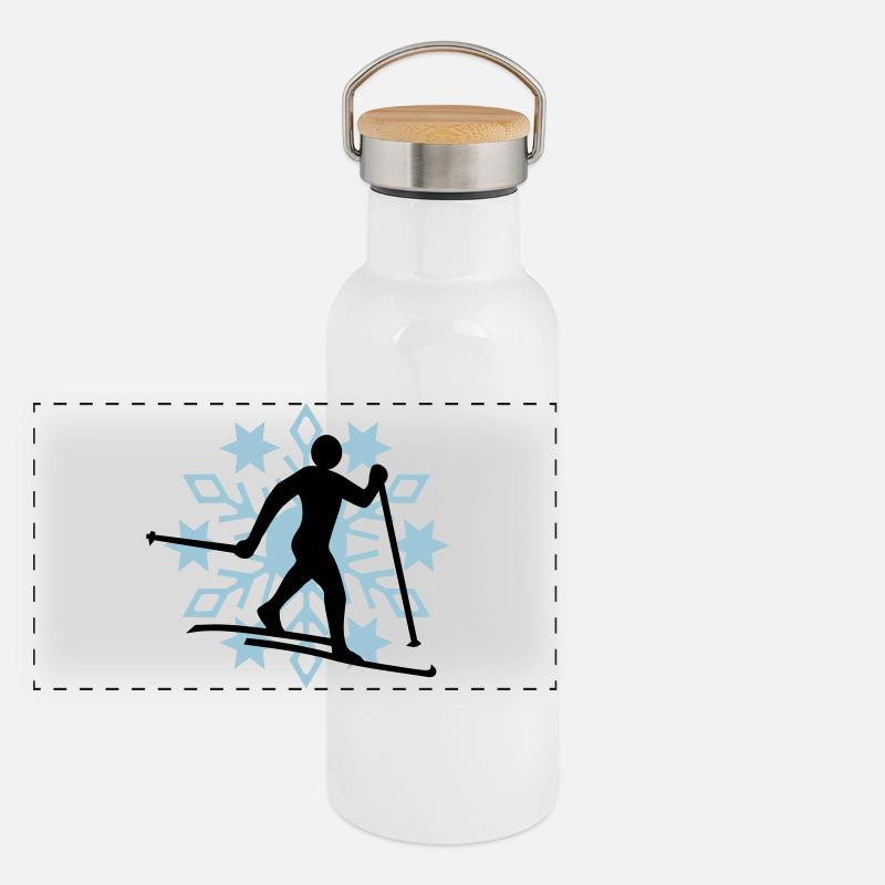 Langläufer Schneeflocke Panorama Thermosflasche mit Bambusdeckel