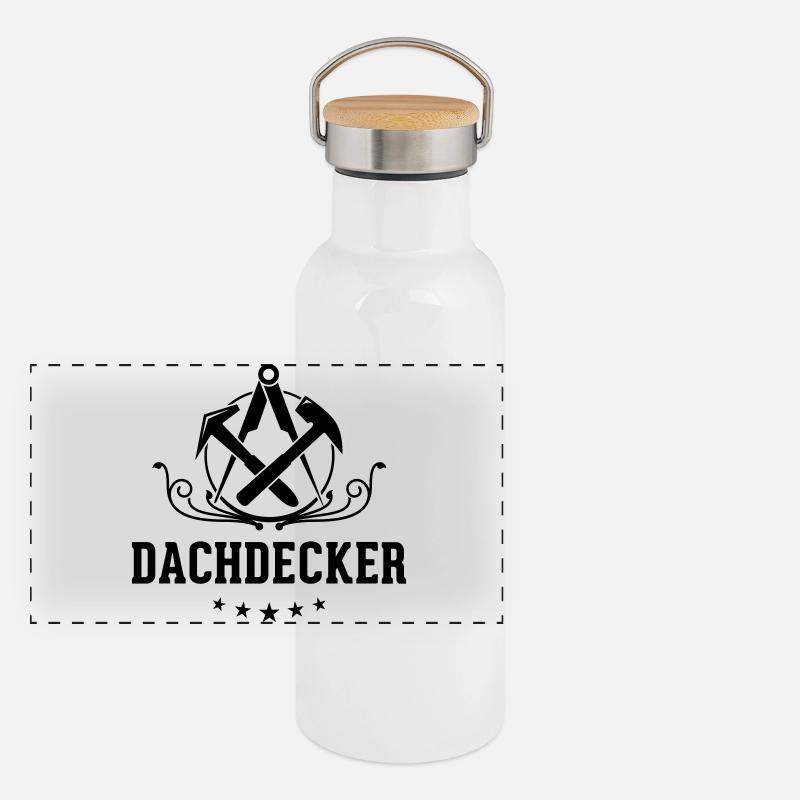 Dachdecker Schriftzug, Zunftzeichen Panorama Thermosflasche mit Bambusdeckel