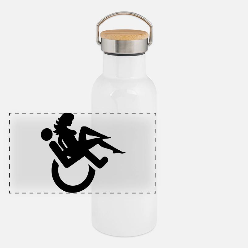 Utilisateur d’un fauteuil roulant avec une dame sur les genoux # Gourde isotherme avec bouchon en bambou