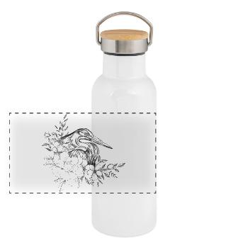 Dessin héron floral - Gourde isotherme avec bouchon en bambou - blanc - Devant