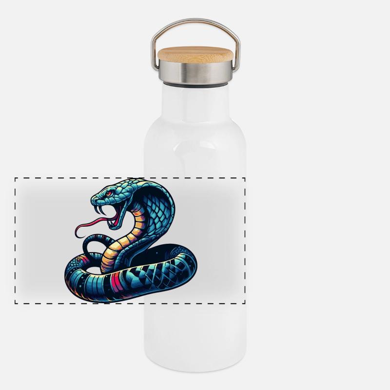 dynamisches und farbenfrohes Cobra-Schlangen Motiv Panorama Thermosflasche mit Bambusdeckel