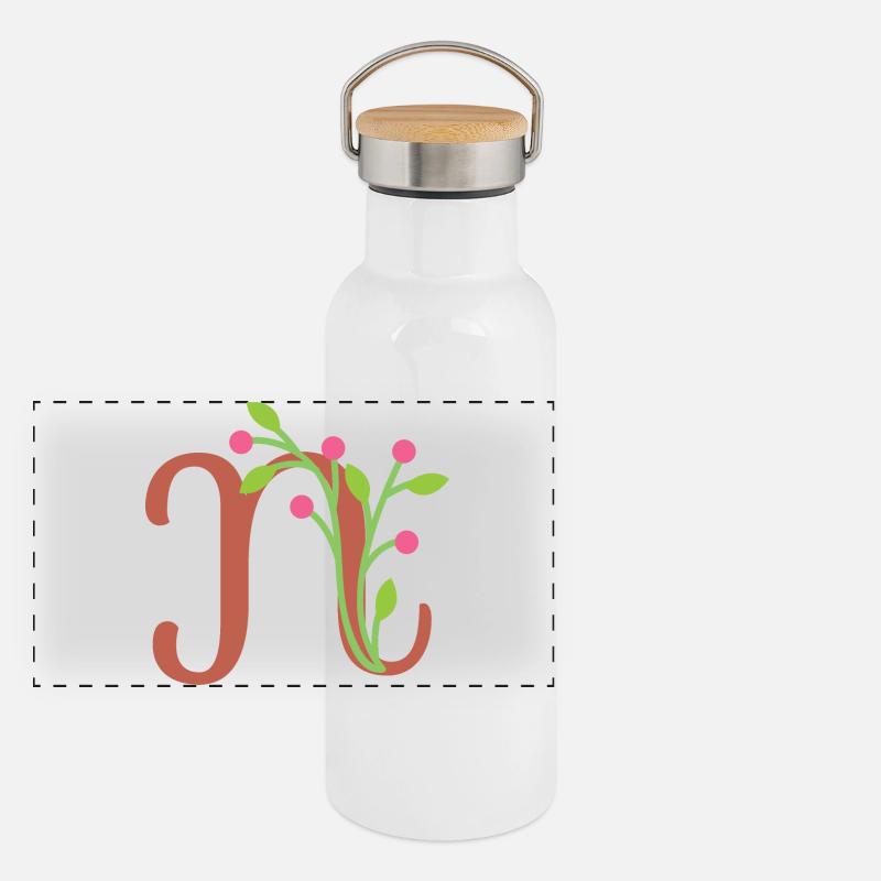 Eleganter Buchstabe 'N' mit Blumen Panorama Thermosflasche mit Bambusdeckel