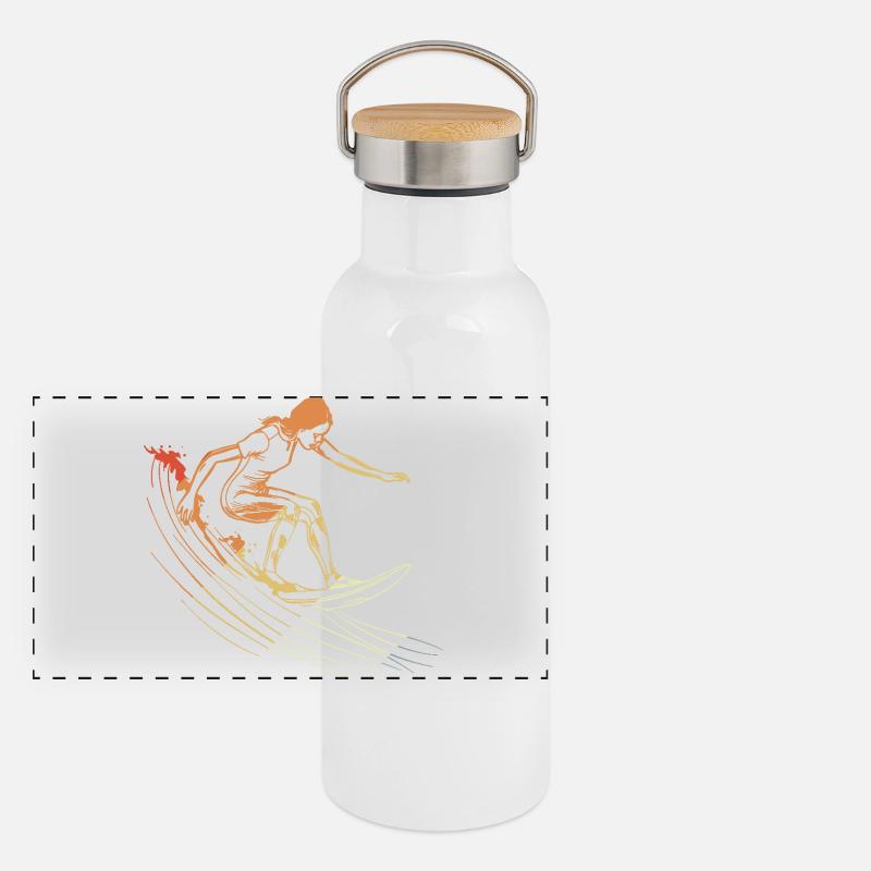 Surfen Mädchen Zeichnung Panorama Thermosflasche mit Bambusdeckel