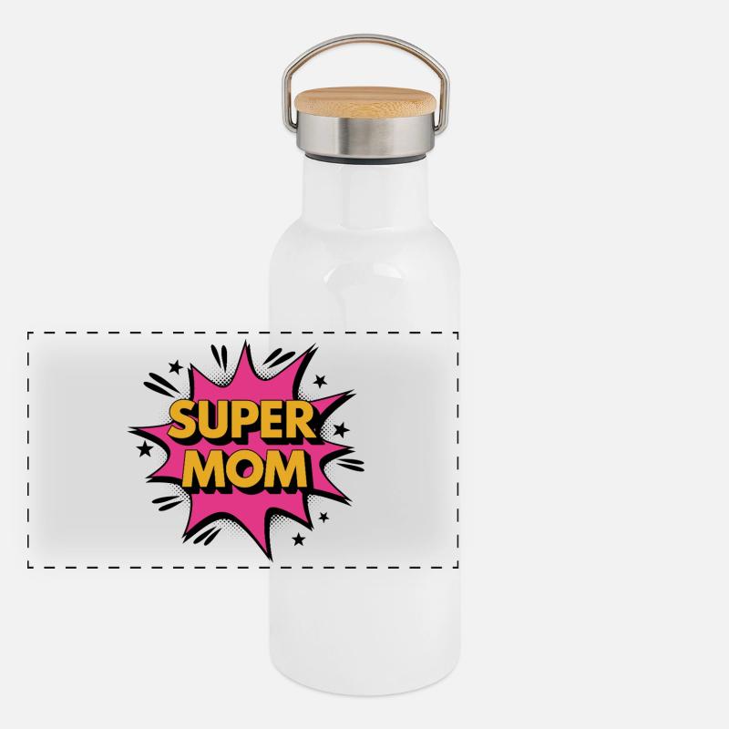Super Mom – Comic-Style Power Design Panorama Thermosflasche mit Bambusdeckel