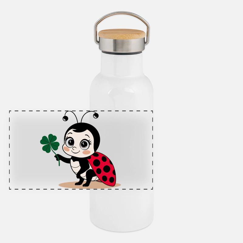 Marienkäfer Kleeblatt Glücksbringer Glückssymbol Panorama Thermosflasche mit Bambusdeckel