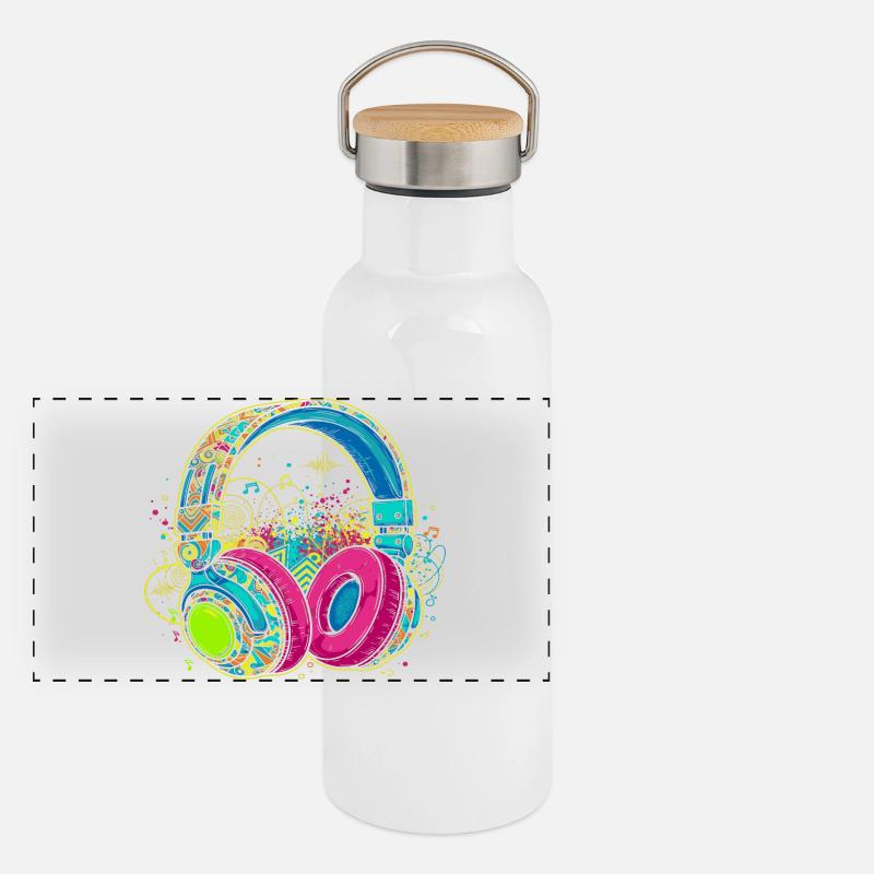 Lebendiges abstraktes Kopfhörerdesign Panorama Thermosflasche mit Bambusdeckel