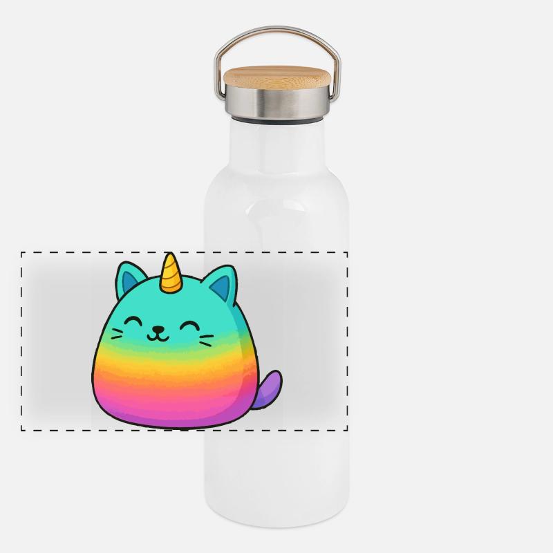 Rosa Regenbogen Einhorn Katze Panorama Thermosflasche mit Bambusdeckel
