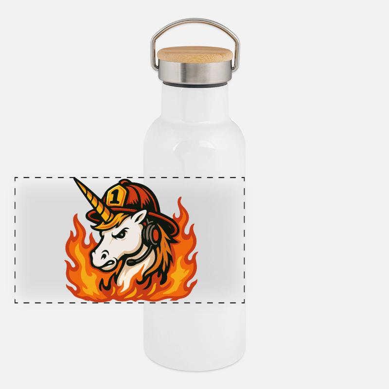 Flammender Einhorn-Feuerwehrmann Panorama Thermosflasche mit Bambusdeckel