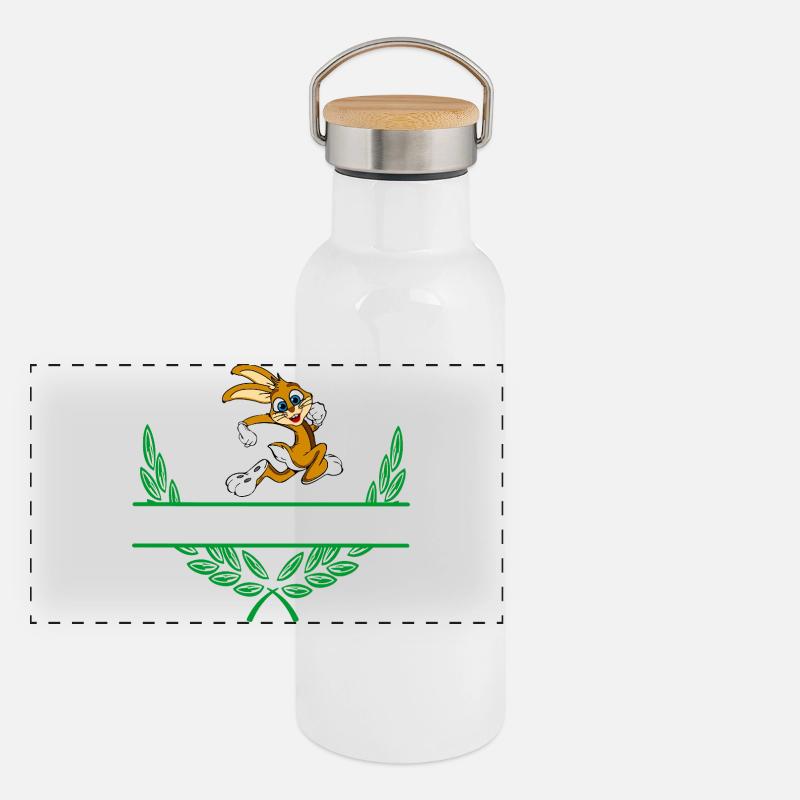 Hasen-Lorbeerkranz mit Namensraum Panorama Thermosflasche mit Bambusdeckel