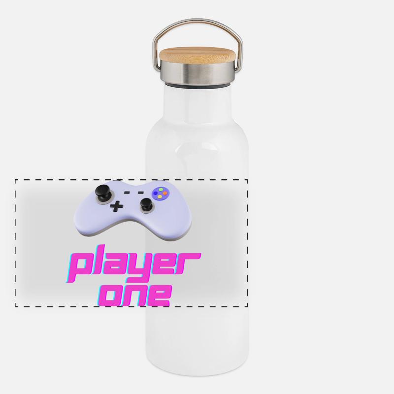 Neon Retro Controller Spieler Eins Panorama Thermosflasche mit Bambusdeckel