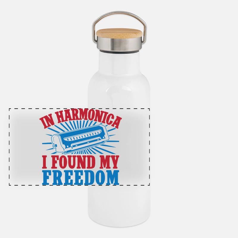 Funny Harmonica Player Found My Freedom Harmonica Panorama Thermosflasche mit Bambusdeckel