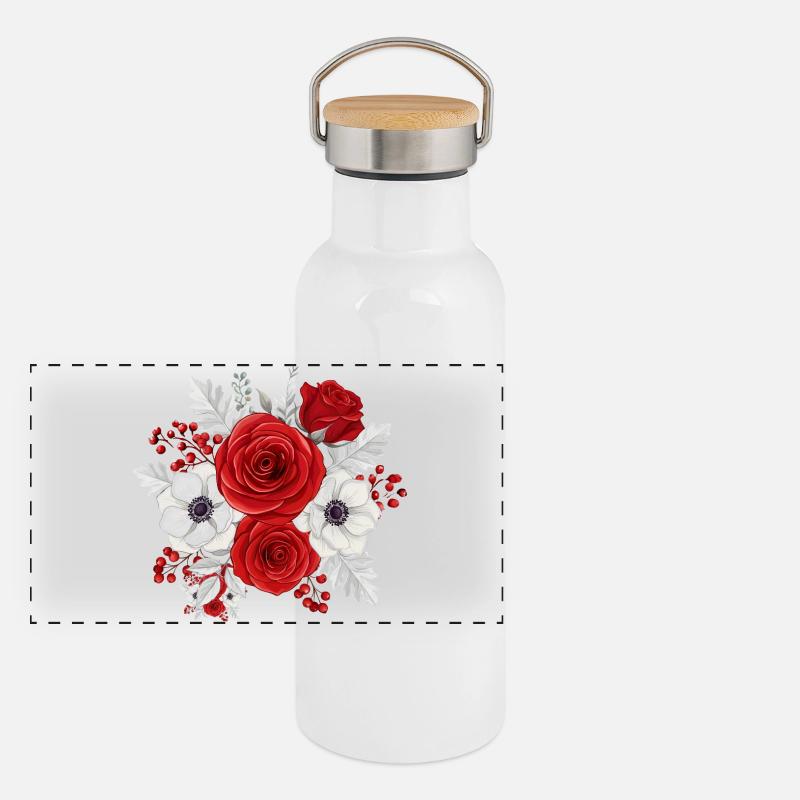 Rot-weißer Blumenstrauß Panorama Thermosflasche mit Bambusdeckel
