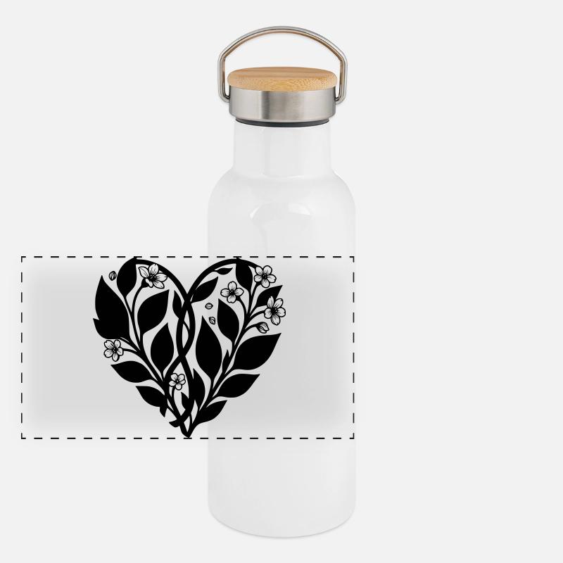 Herz mit Blumenranke - Schattenbild Panorama Thermosflasche mit Bambusdeckel