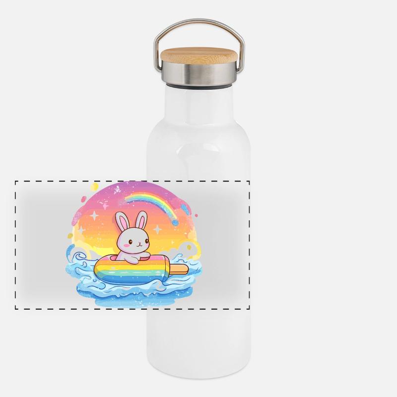 Petit lapin surfe la mer arc-en-ciel Gourde isotherme avec bouchon en bambou