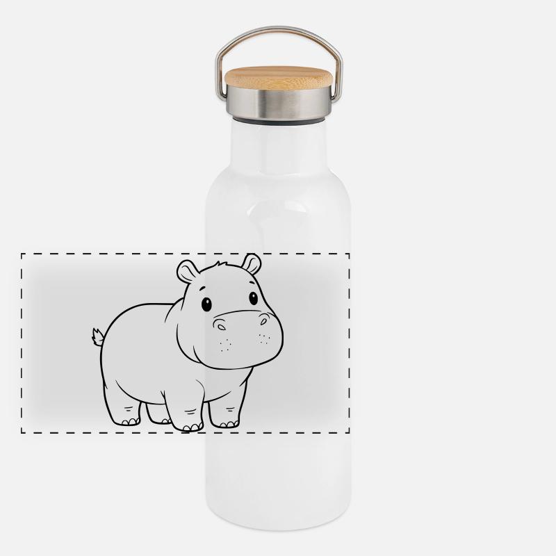 Süßes Baby Nilpferd Comic Outline Panorama Thermosflasche mit Bambusdeckel