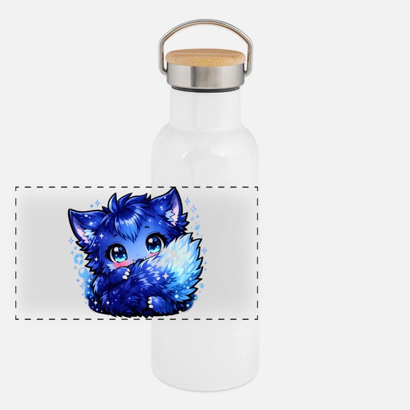 Blauer Eisfuchs Chibi-Design Panorama Thermosflasche mit Bambusdeckel