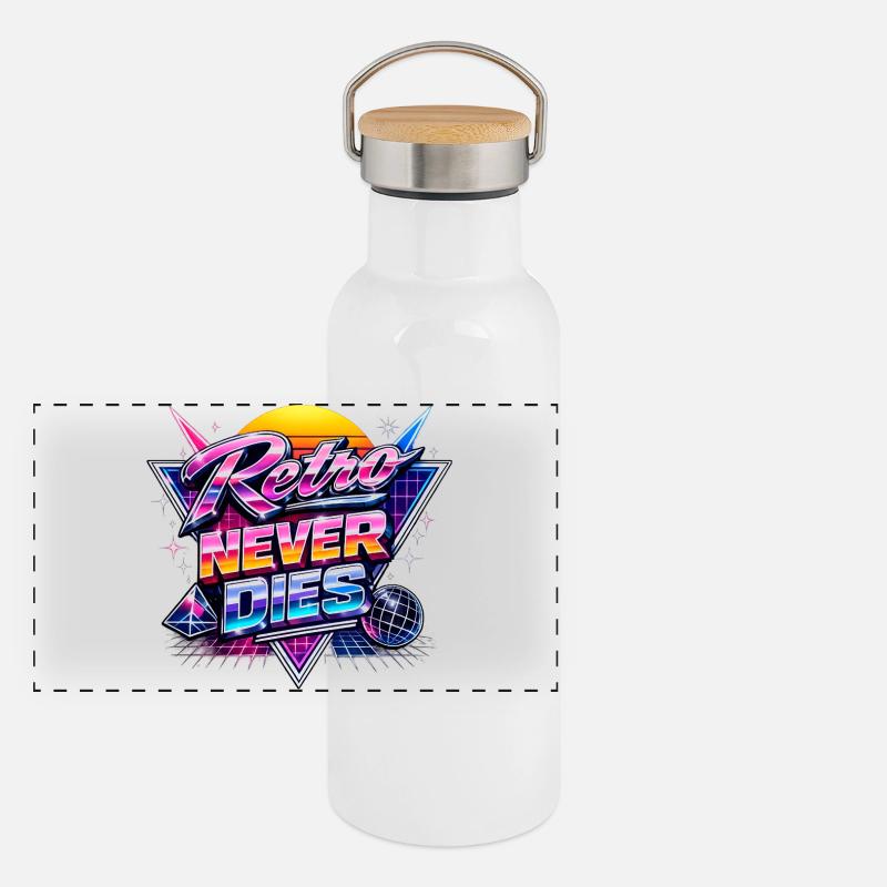 Retro Neon Never Dies Panorama Thermosflasche mit Bambusdeckel
