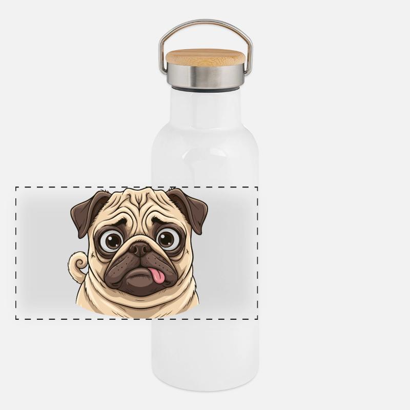 Cuddly Pug Cartoon Face Panoramic Thermal Bottle with Bamboo Lid