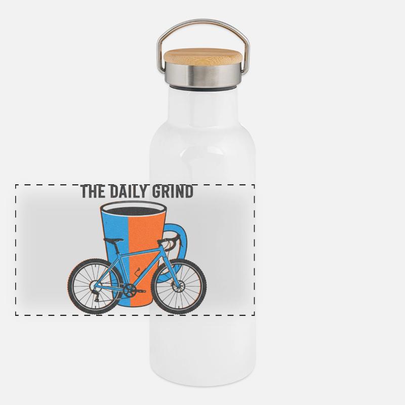 Der tägliche Grind Risograph Fahrrad Kaffeekunst Panorama Thermosflasche mit Bambusdeckel