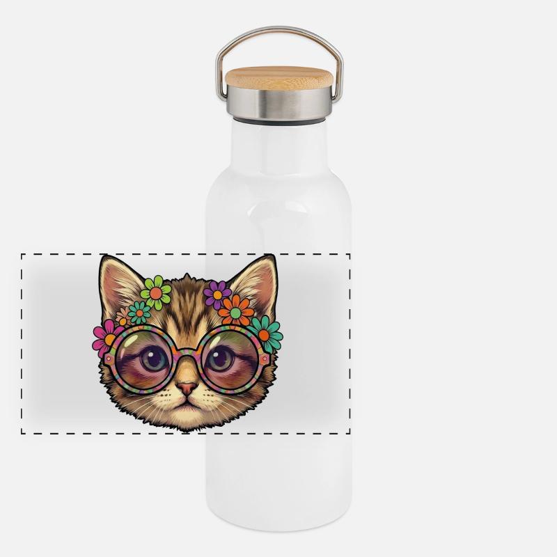 Chaton hippie Gourde isotherme avec bouchon en bambou