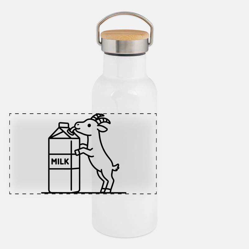 Ziegen, die Milch trinkt - Panorama Thermosflasche mit Bambusdeckel - Weiß