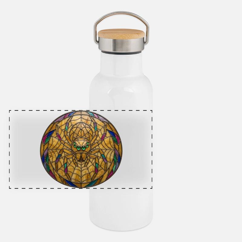 Stained Glass Spider Web Mosaic Illustration Panoramic Thermal Bottle with Bamboo Lid