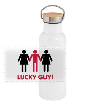 Je suis un homme heureux! - Gourde isotherme avec bouchon en bambou - blanc - Devant