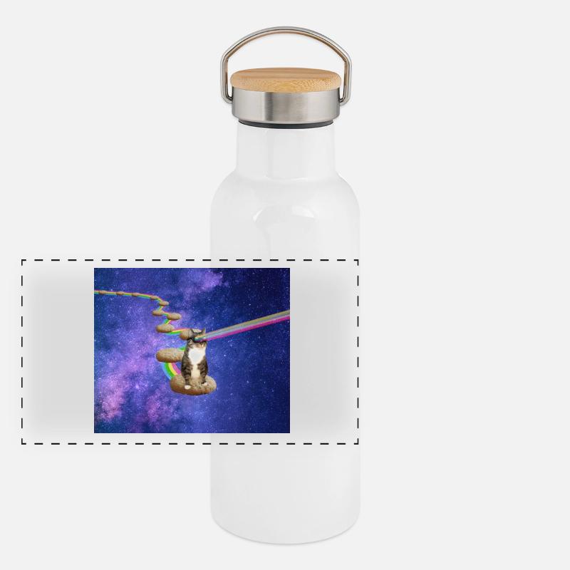 Süße Tabby-Katze im Weltraum Panorama Thermosflasche mit Bambusdeckel