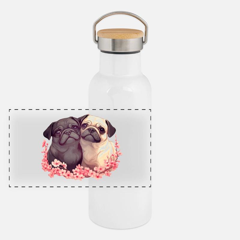 Couple de carlins mignons Gourde isotherme avec bouchon en bambou