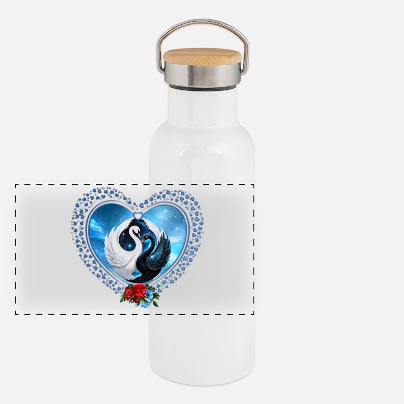 Schwarzer Schwan und Weißer Schwan Panorama Thermosflasche mit Bambusdeckel