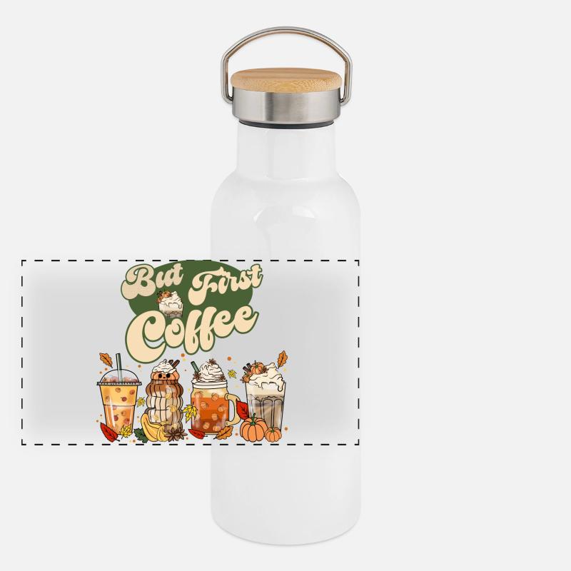 But first Coffee - Pumpkin Spice Latte Retro Panorama Thermosflasche mit Bambusdeckel