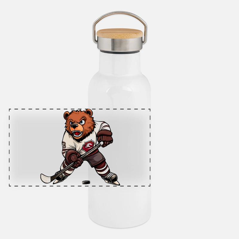 Bär Eishockeyspieler Panorama Thermosflasche mit Bambusdeckel
