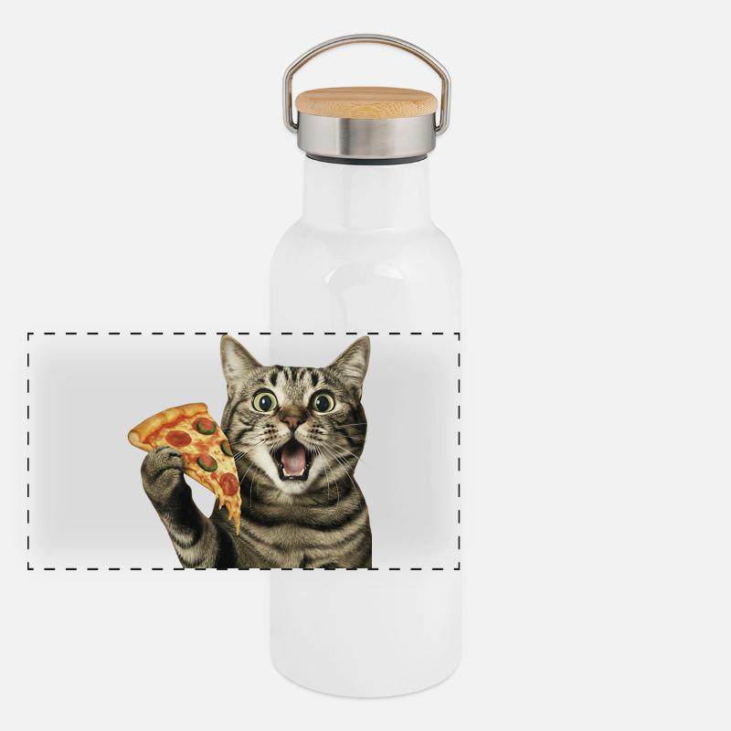 Pizza-Katze Panorama Thermosflasche mit Bambusdeckel