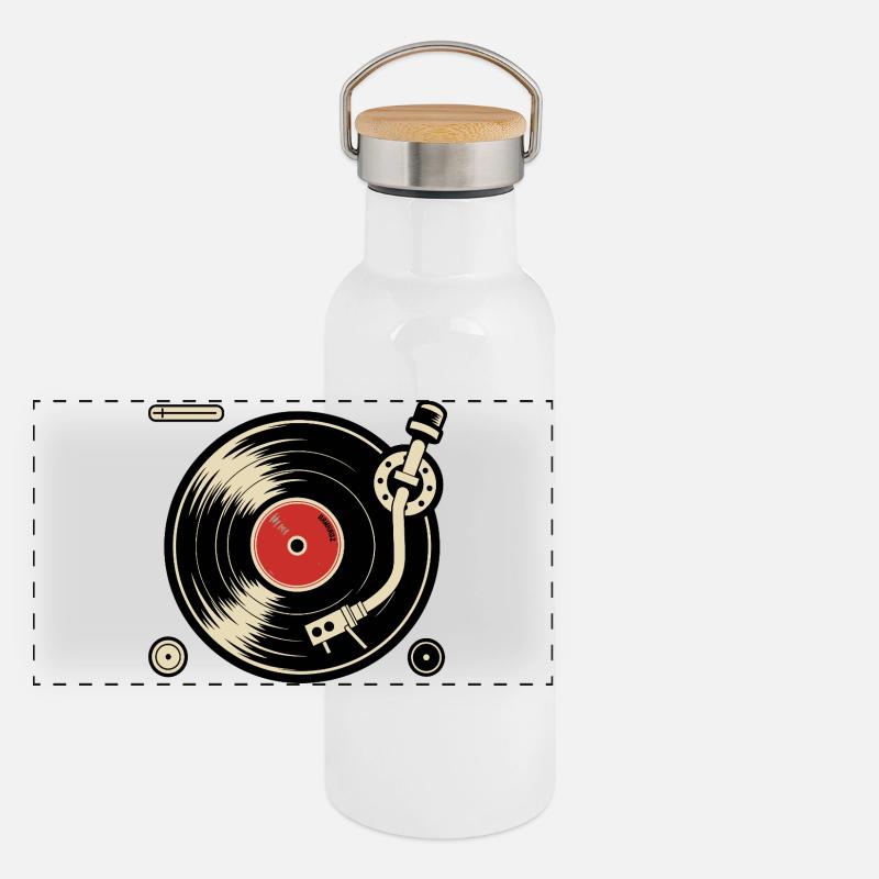 Vinyl Records Turntable Turntable Graphics Panoramic Thermal Bottle with Bamboo Lid