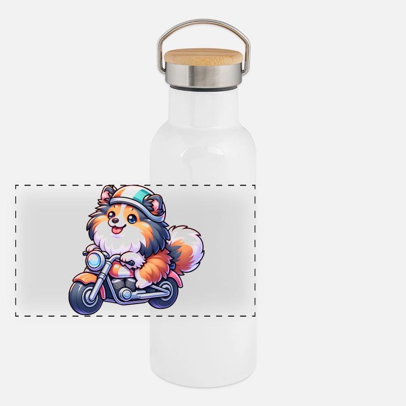 Cute Dog On Motorcycle With Helmet Biker Panoramic Thermal Bottle with Bamboo Lid