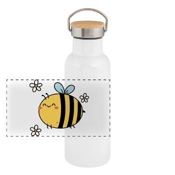 Summend vor Freude – Kawaii Bee & Blossoms - Panorama Thermosflasche mit Bambusdeckel - Weiß - Vorne