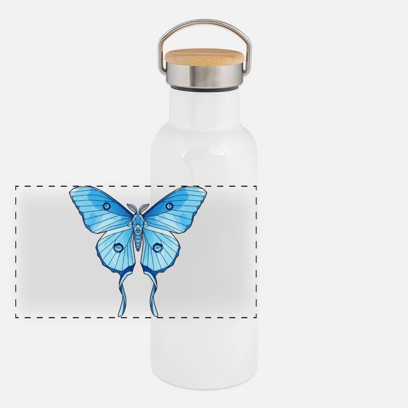 Geometrischer Blauer Schmetterling Panorama Thermosflasche mit Bambusdeckel