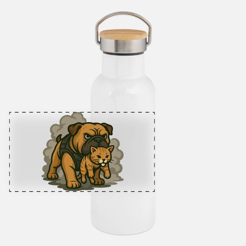 Wachhund- und Katzenduo Panorama Thermosflasche mit Bambusdeckel