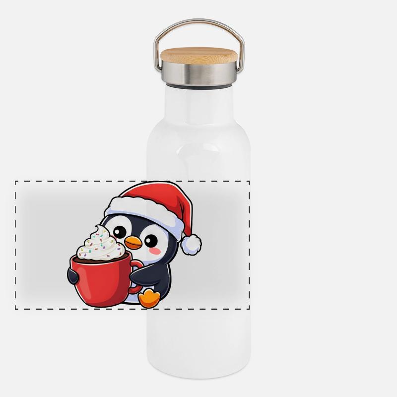 Dessin animé de Noël Penguin mignon Kawaii Chibi Gourde isotherme avec bouchon en bambou