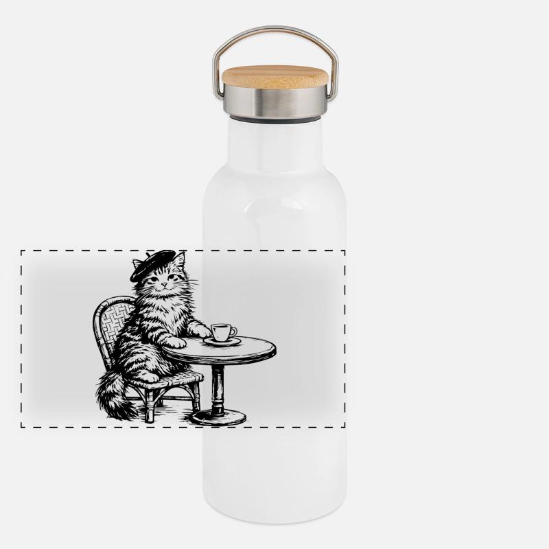 Chat avec béret dans un café au design rétro Gourde isotherme avec bouchon en bambou