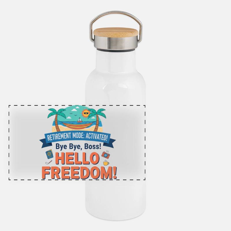 Rente: Retirement Mode Activated – Hello Freedom Panorama Thermosflasche mit Bambusdeckel