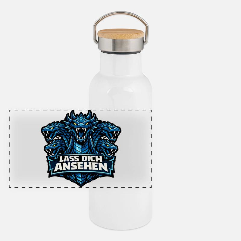 Sagengestalt Hydra mit Spruch: Lass dich ansehen Panorama Thermosflasche mit Bambusdeckel