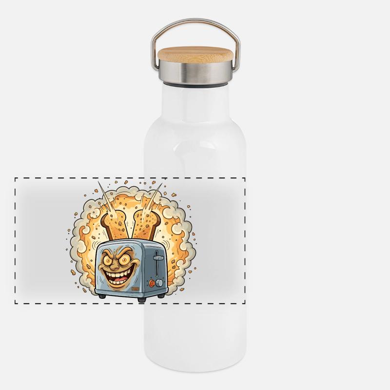 Lachender Toaster Krümel Explosion Panorama Thermosflasche mit Bambusdeckel