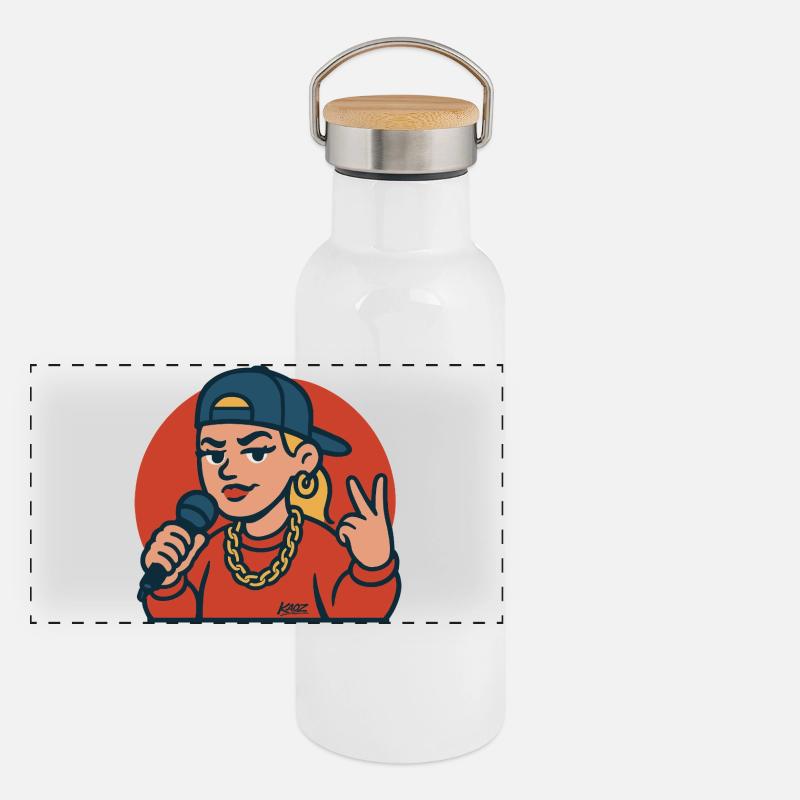 Rap-Diva mit Mikrofon Panorama Thermosflasche mit Bambusdeckel