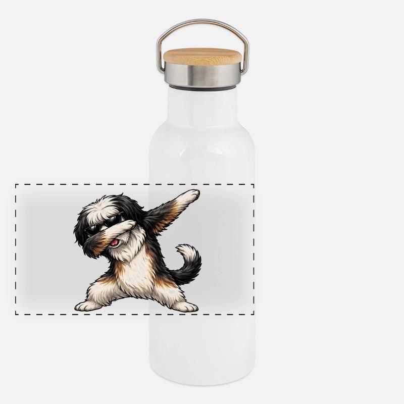 Dabbing Tibet Terrier Panorama Thermosflasche mit Bambusdeckel