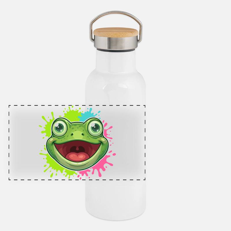 Fröhlicher Frosch Spritzer Panorama Thermosflasche mit Bambusdeckel